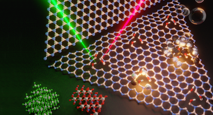 Defects in the lattice structure of hexagonal boron nitride can be detected with photoluminescence. Researchers shine a light with a color or energy on the material and get a different color from the defect. In addition, the figure shows hydrogen bubbles being generated from these defects that contain catalyst atoms (gray and dark spheres attached to the vacancies).
