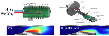 MOCVD reactor schematic with CO and W(SeH)2Se2 concentration maps