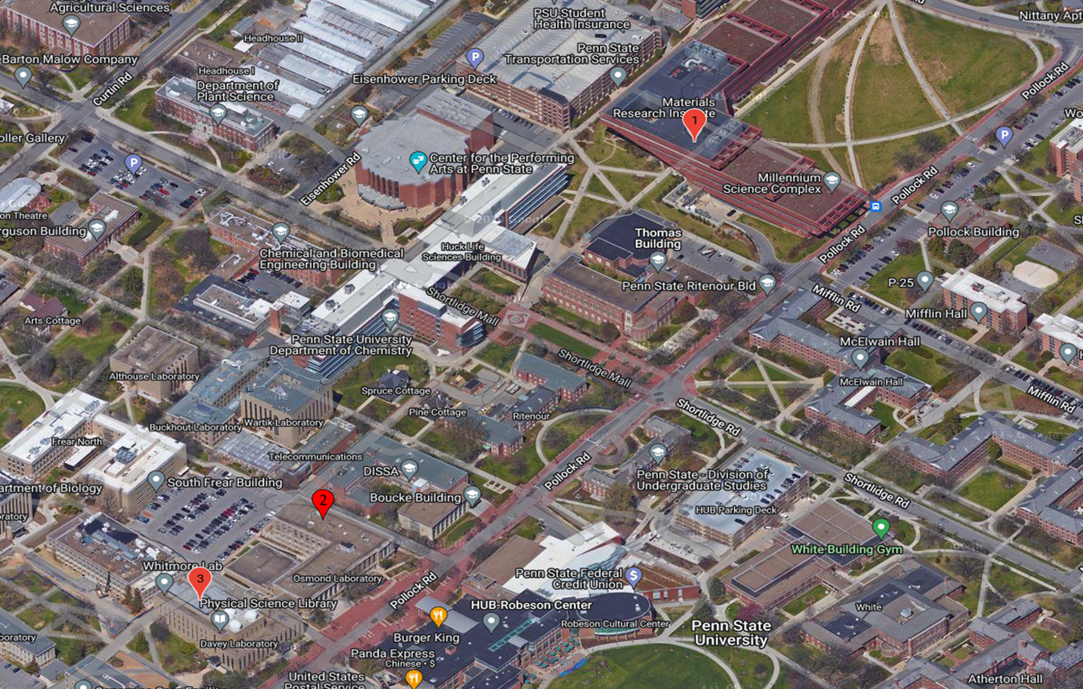 Image of the Penn State University Park campus including three locations of the 2DCC instrumentation (1) Millennium Science Complex, (2) Osmond Laboratory and (3) Davey Laboratory 